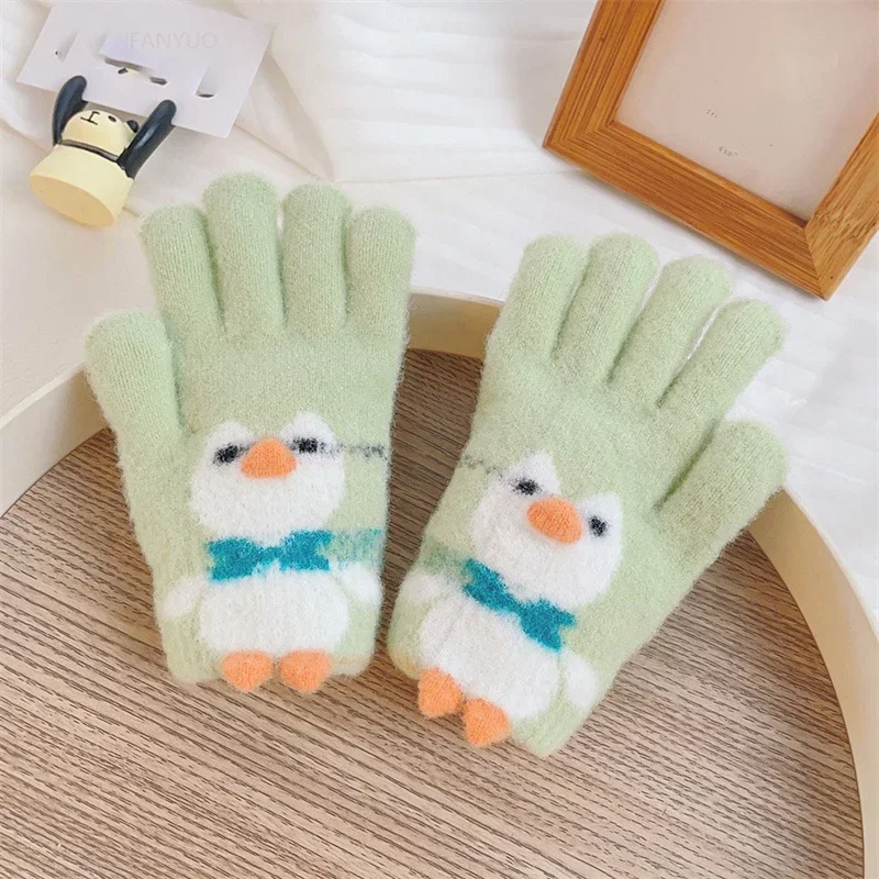 3-7Y Cartoon Penguin Children Gloves Autumn Winter Cute Warm Knitted Five Finger Girls Students Mittens Boys Kids Riding Gloves