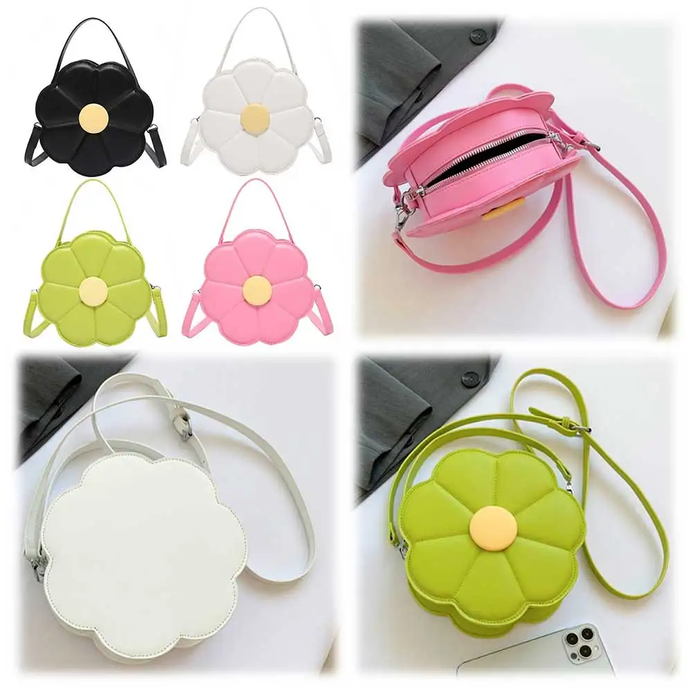 Flower Shaped Shoulder Bag PU Leather Trendy Crossbody Bag Cute Top Handle Bag with Double Zipper for Women and Girls