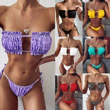 

Sexy Bikini 2022 Pleated Bandeau Swimsuit Female Cutout Swimwear Women Mini Thong Bikini Set Swimming Beachwear for Bathing Suit