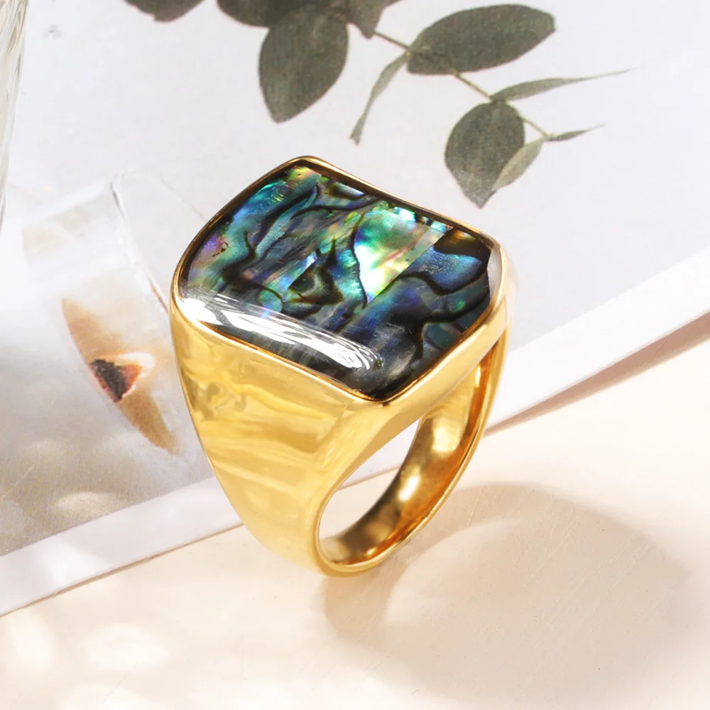 

Simple Abalone Shell Signet Rings For Women Fashion Gold Color Stainless Steel Waterproof Jewelry Engagement Wedding Gifts