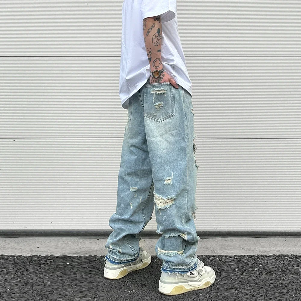 Washed Blue Oversized Jeans for Men Streetwear Hip Hop Large Destroyed Wide Leg Jeans Baggy Straight Ripped Denim Pants men jeans ripped jeans ripped patchwork jeans