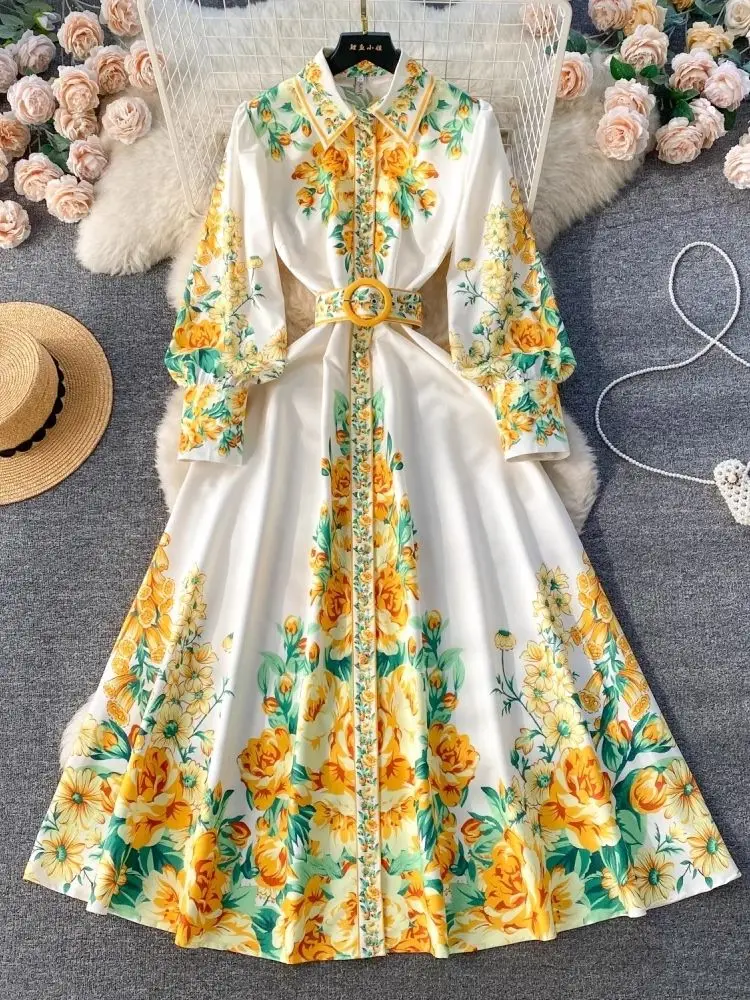 2024 Fashion Holiday Flower Long Dress Women's Turn Down