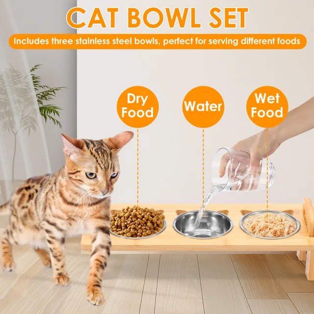 Stainless Steel Elevated Cat feeder Bowl Stand with 3 Dishes Feeder for Dry Wet Food Water AntiSlip Double Handl Cat accessories 5