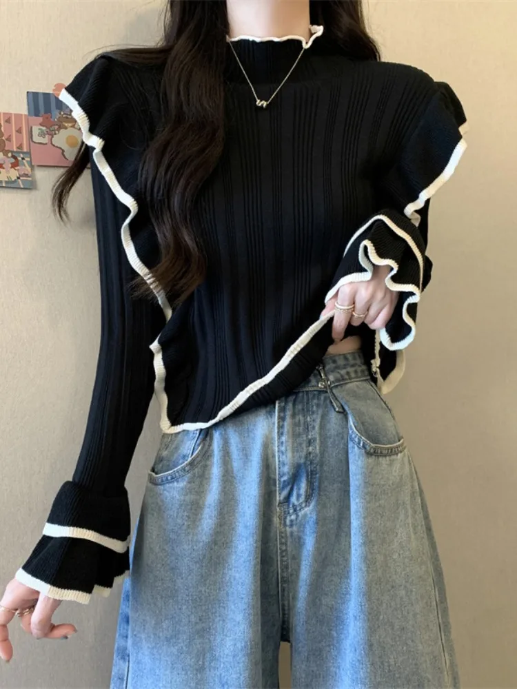 

Корейский модный женский однотонный тонкий свитер с ложным воротником на весну и осень, Повседневные вязаные пуловеры с длинным рукавом, топы R124