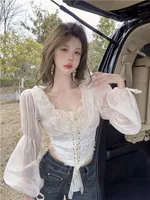 Sexy Lace Splice Fibone irt Women's Design Tie Long Sve Square Collar Sweet Pure Desire Chiffon Blouse Korean Sle Sl...