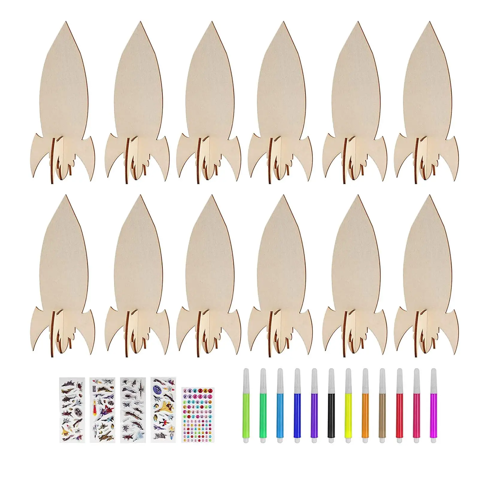 12Pcs Unfinished Wooden Cutouts Ornaments Home Decoration Embellishments Rockets