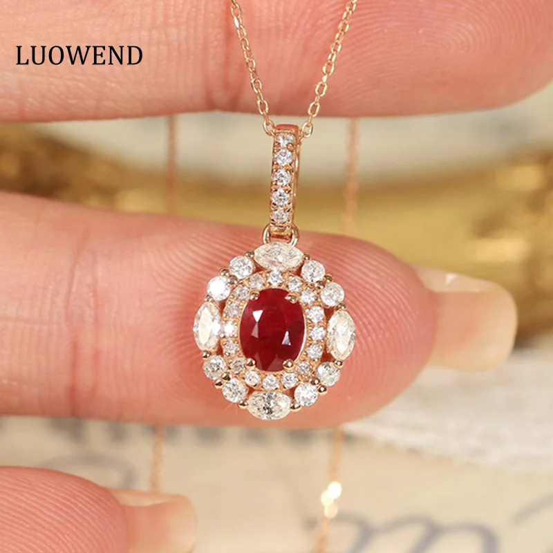 LUOWEND 18K Rose Gold Pendant Necklace Real Ruby Pendant Fashion Shape Elegant Diamond Necklace Engagement Jewelry for Women luowend 100% 18k white or yellow gold bracelet luxury natural diamond bracelet chain detachable fine for women jewelry gifts