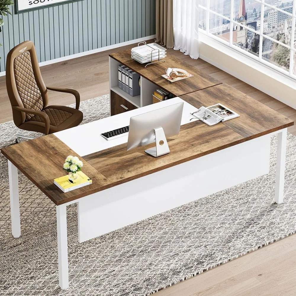 Computer Desk L Shaped Drawer Cabinet 63" Executive Computer Desk lateral File Cabinet 2 Piece Home Office Furniture