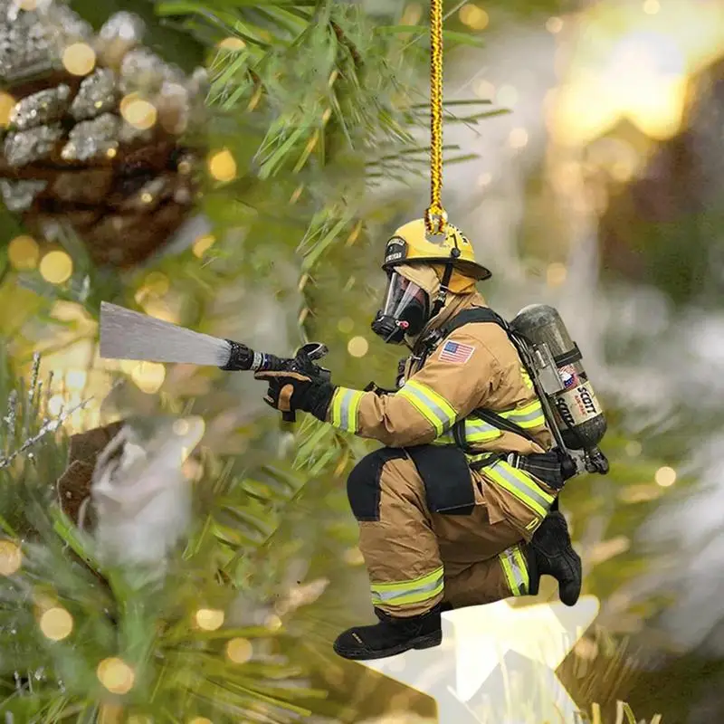 Christmas Fireman Ornaments Firefighter Decorations Christmas Hanging Ornaments Single-side 2D Mini Fireman Figurines Pendant