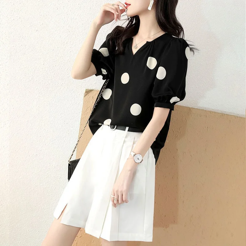 Sweet Women Summer Short Sleeve Polka Dot Button Down Shirt Business Blouses  Top