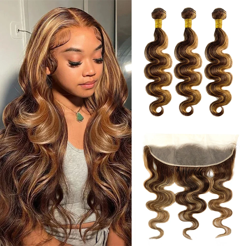 4/27 Body Wave Brazilian Human Hair Bundles with 13x4 HD Lace Frontal Closure and Ombre Highlight human hair extensions