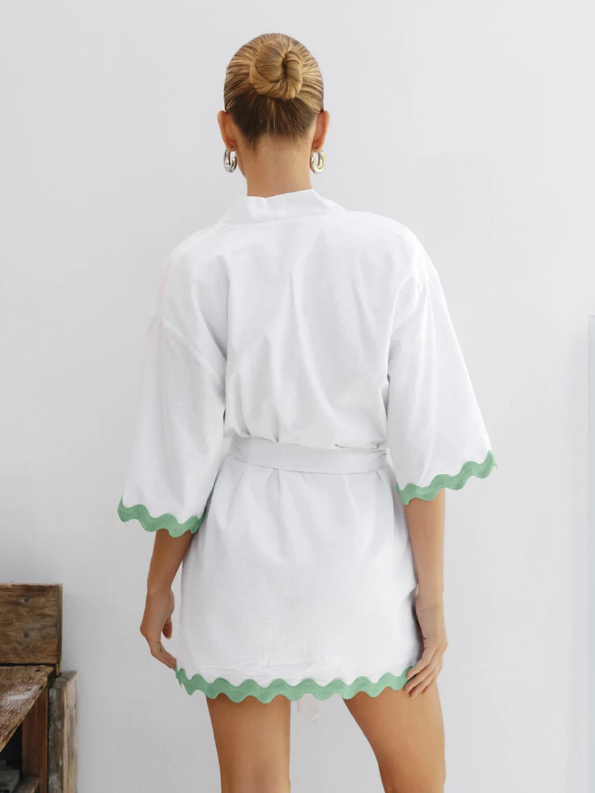 Marthaqiqi Causal Home Clothes Women Half Sleeve Robe Sexy V-Neck Bathrobe Lace Up Nightgowns Mini Dress Cotton Women Sleepwear