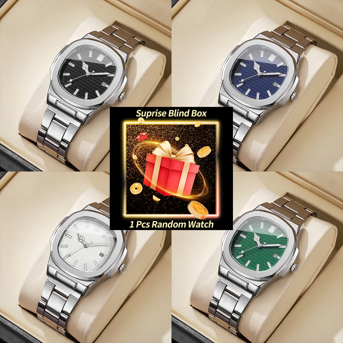 1PC Surprise Watch Mystery Box-Fashion Square Men Business Watches Stainless St…