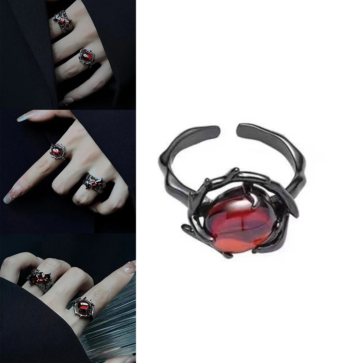 Bijoux vintage de style rétro punk rubis de style mode 2025, bague en cristal noir, pendentif géométrique, doigt ouvert, 1 pièce._voghion.com