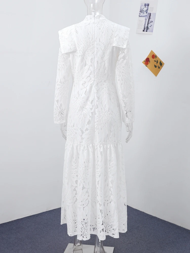Elegant Lace Hollow Out Long Dress Women High Collar Long