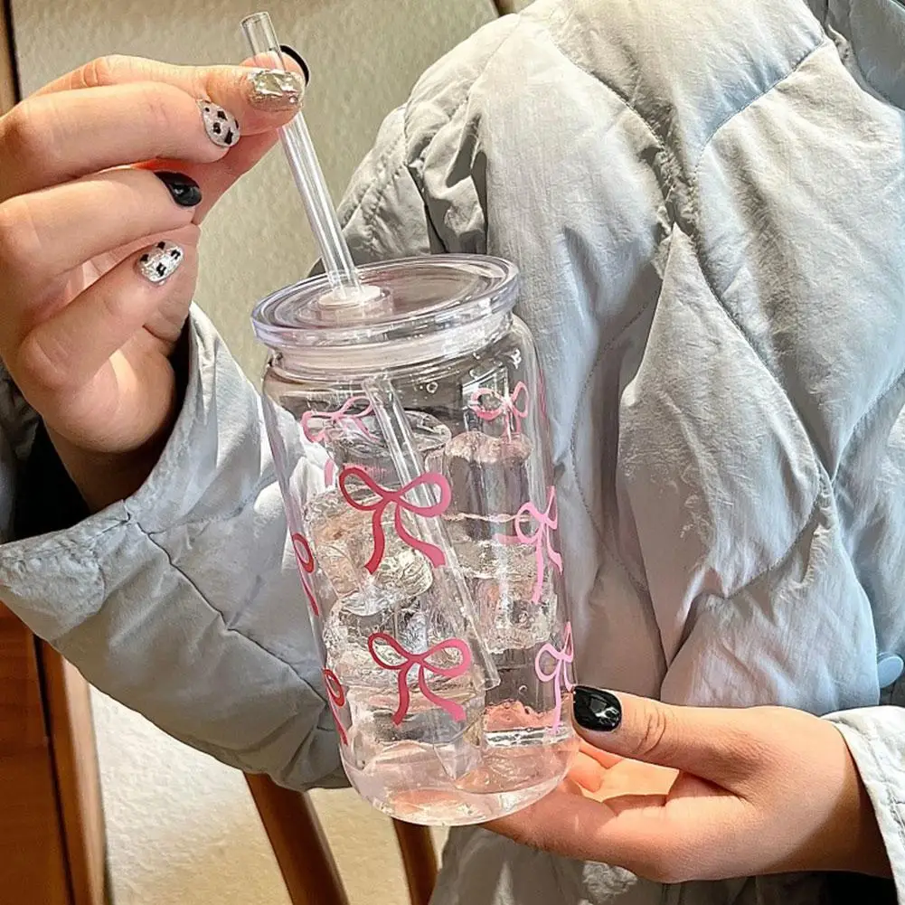 Charming Bow Glass Tumbler with Lid and Straw - Perfect for Iced Coffee, Juice, and Gifts
