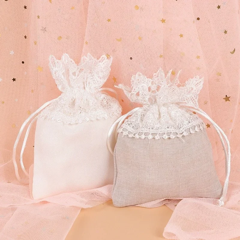 Birthday Candy Packaging Bag 10Pcs Lace Wedding Candy Bag European Brocade Bag Drawstring Embroidery Souvenir Gift Bag Jewelry
