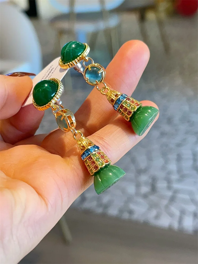 18K Gold Vintage Personality Women for Earrings: Green Jade Long Dangle Earrings with An Exclusive and Sophisticated Aura