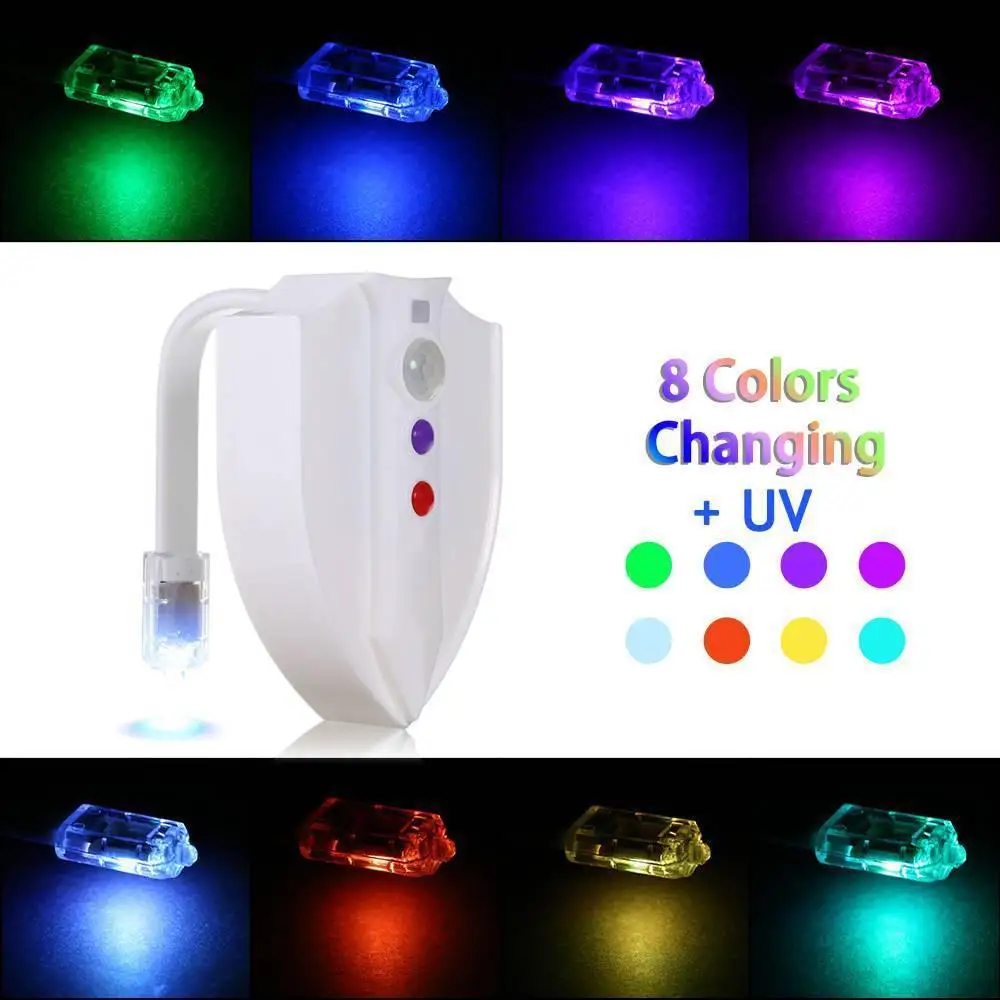 스마트 야간 조명 센서 변기 램프, 8 가지 색상 감지 활성화 UV 살균기, 변기 LED 야간 조명, PIR 야간 조명, WC 조명