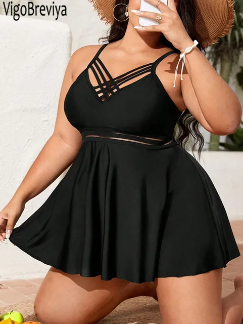 VigoBreviya 2025 Solid Two Piece Plus Size Tankini Set Women Hollow Strapped Curvy Swimsuit Lady Push UP Beach Big Bathing Suit 1