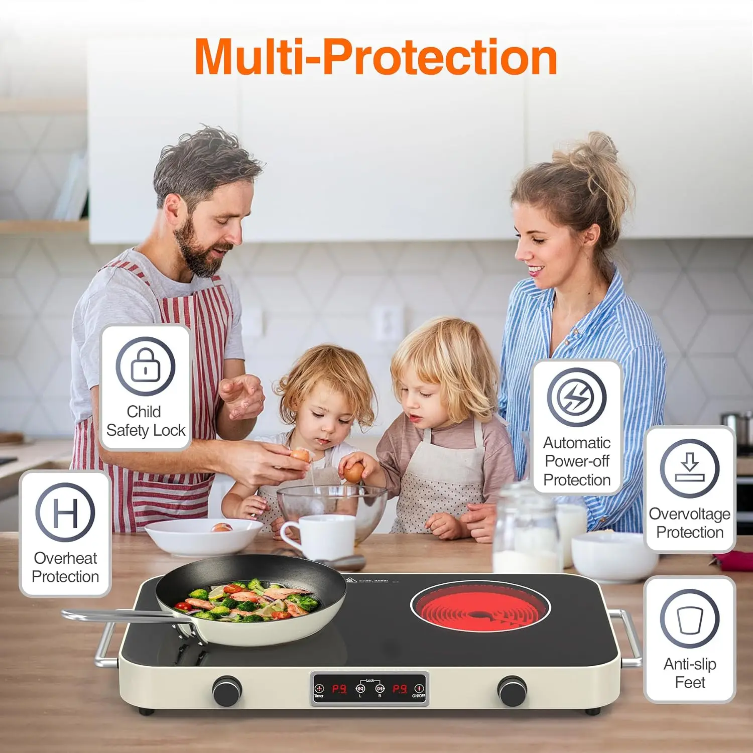 Electric burner, Electric Stove Top with 2 Handle, 2 Burner Electric Cooktop with 9 Power Settings 2