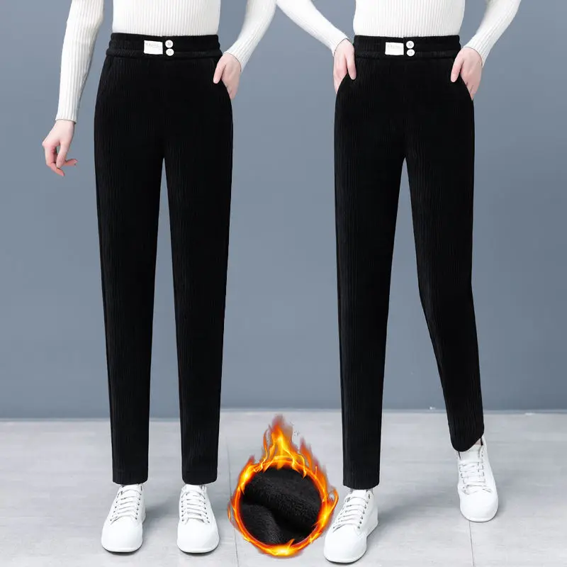 Winter Plus Velvet Harem Pants Women Solid Corduroy High Waist Pantalones Letter Print Stretch Fleece Lined Baggy Sweatpants