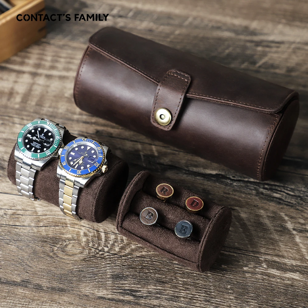 Étui De Rangement Pour Montres En Cuir Véritable - Portable, 2 Pièces, Support Inclus, Couleur Café