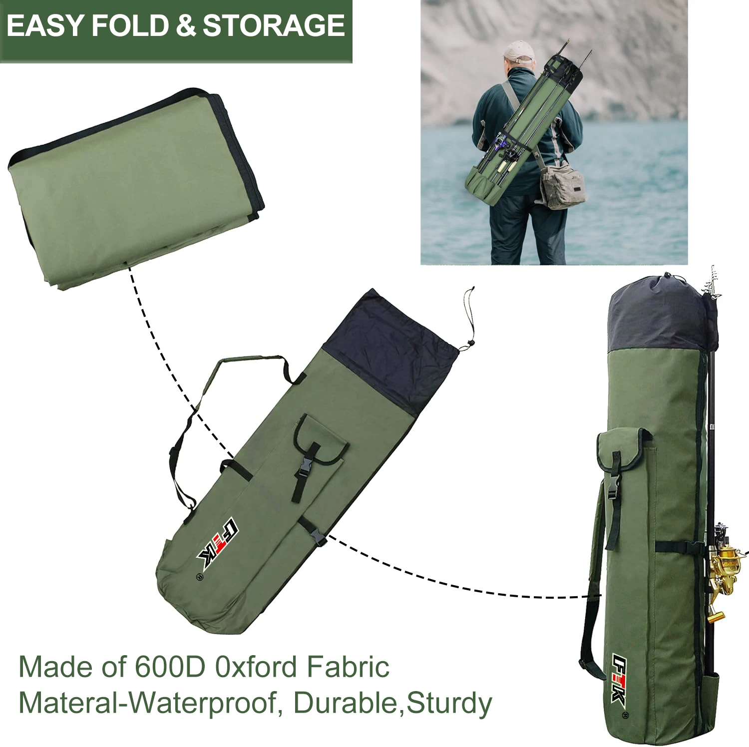 Durable nylon fishing rod carrying bag detail.