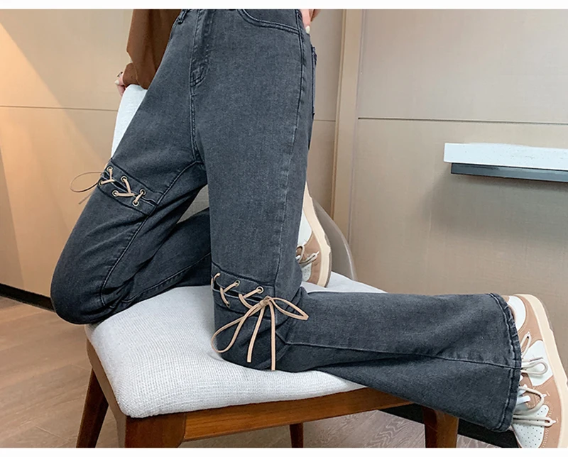 straight leg jeans JMPRS Flare Jeans Women High Waist Fashion Lace Up Skinny Denim Pants Pure Cotton Casual Korean Elastic OL Female Trousers New maternity jeans