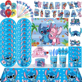Disney Lilo Stitch Theme Birthday Decoration Balloon Tableware Kit Plates Cup Tablecloth Party Backdrop Deco Kids Favor Supplies