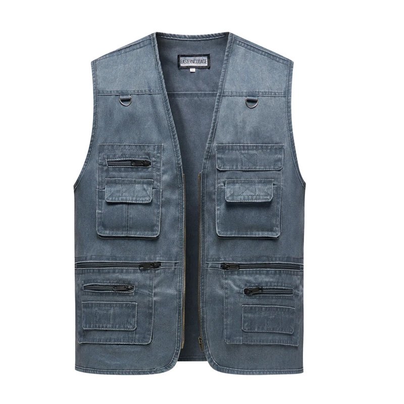 Men's Denim Vest Jacket Casual Sleeveless Waistcoat Driver Cyclist Jackets Multi-pocket Zipper Army Green Blue Work Cargo Vests sleeveless vests