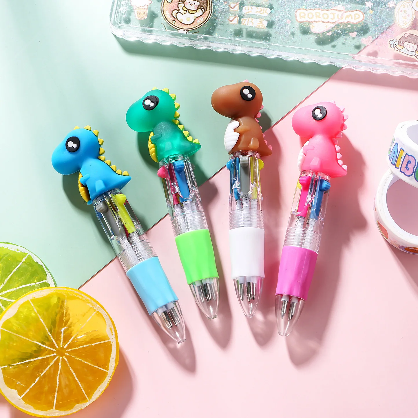 10 Teile/los Cartoon Nette Dinosaurier Serie Mini 4 Farbe Kugelschreiber Mehrfarbige Schreiben Kugelschreiber Kinder Schule Bürobedarf Geschenke – Detail 12