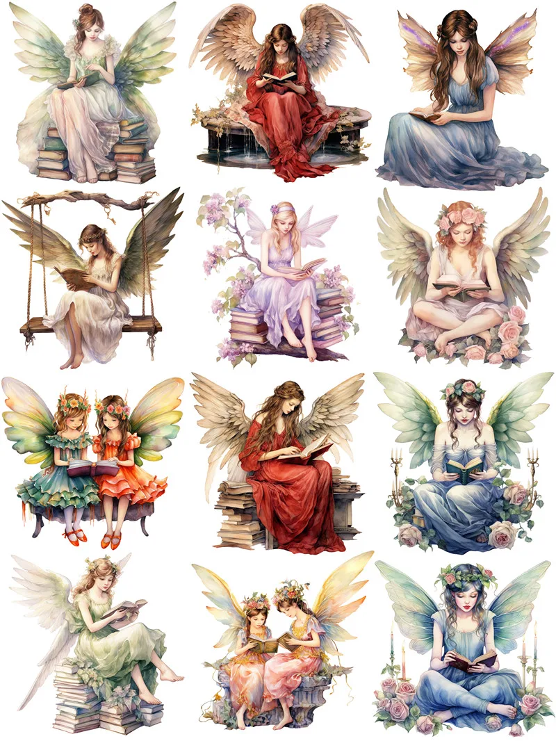 Reading Angel Girls Stickers DIY Scrapbooking Materials Collage Junk Journal Decor Kids Toys Stickers