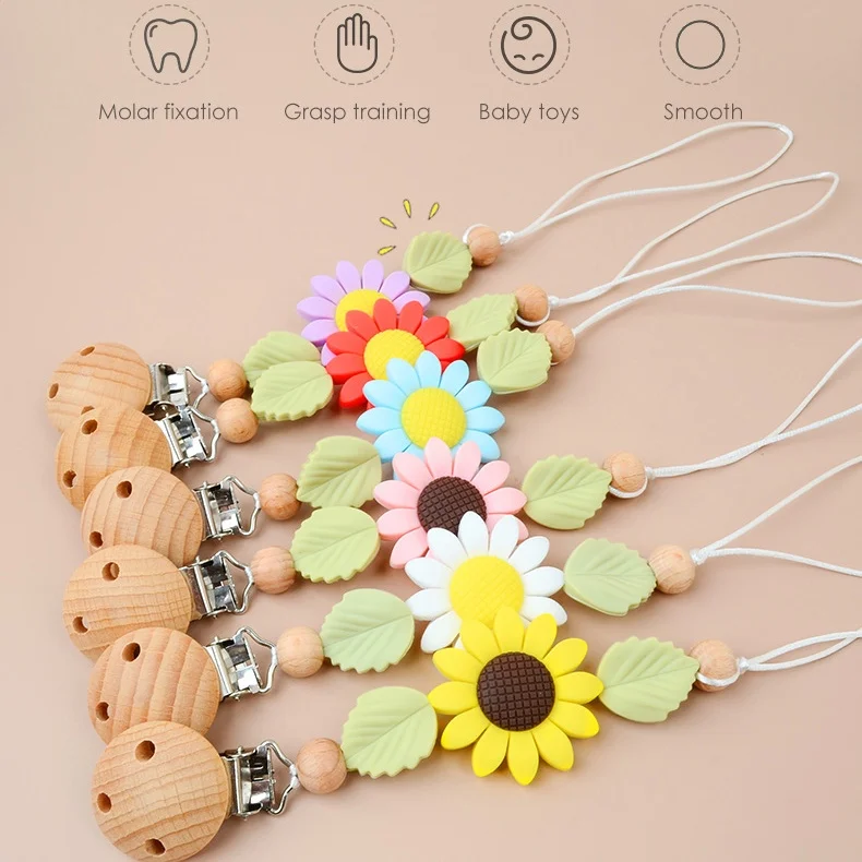 INS Baby Pacifiers Sunflower Wood Teether Dummy Nipples Holder Clips Chain Teething Accessories Newborn Toys Gift