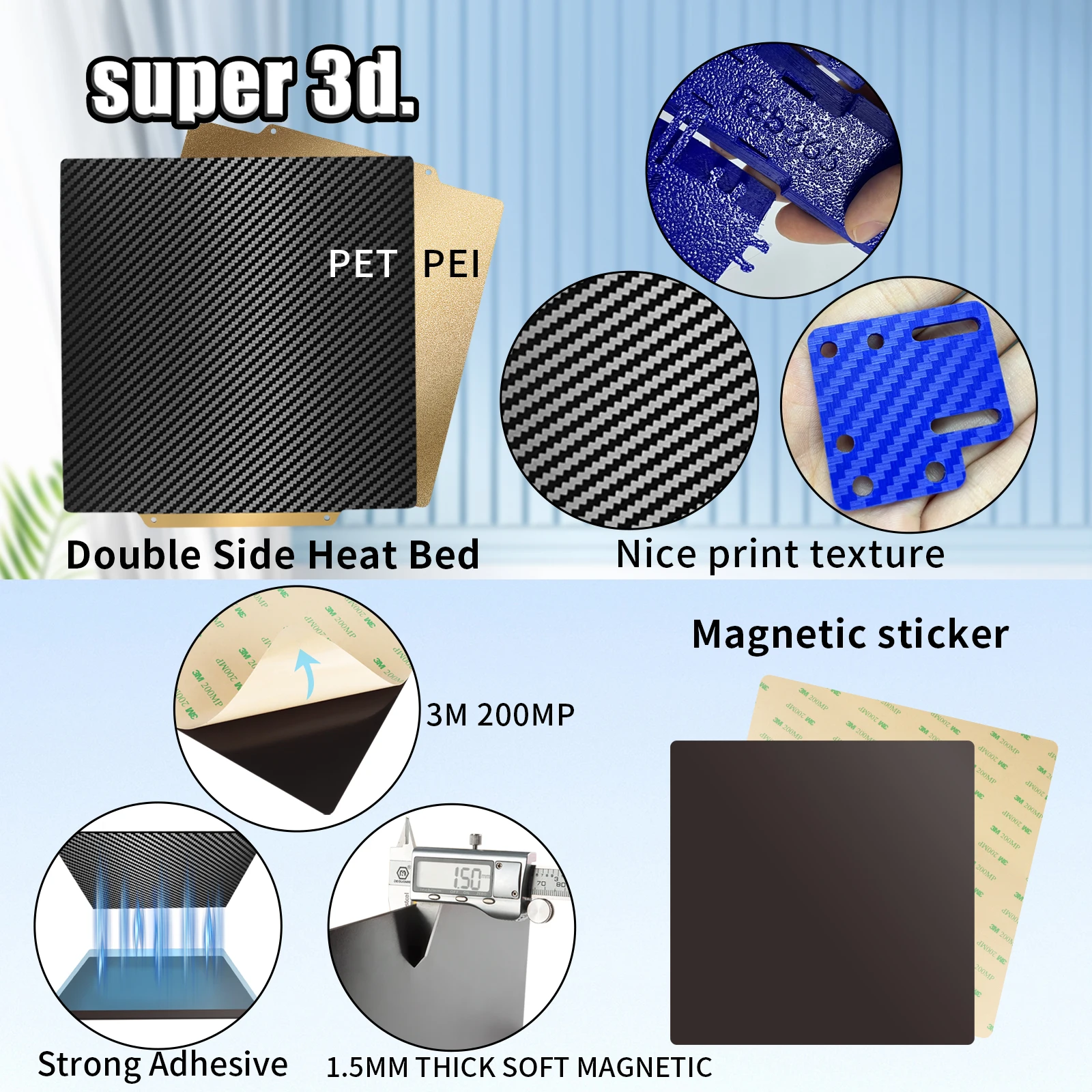 Double Side Pet Carbon Fiber e Pei Spring Steel Sheet Placa de Construção Magnética Heatbed para Ender P1p Upgrade 180 220 235 310350 - Imagem 6