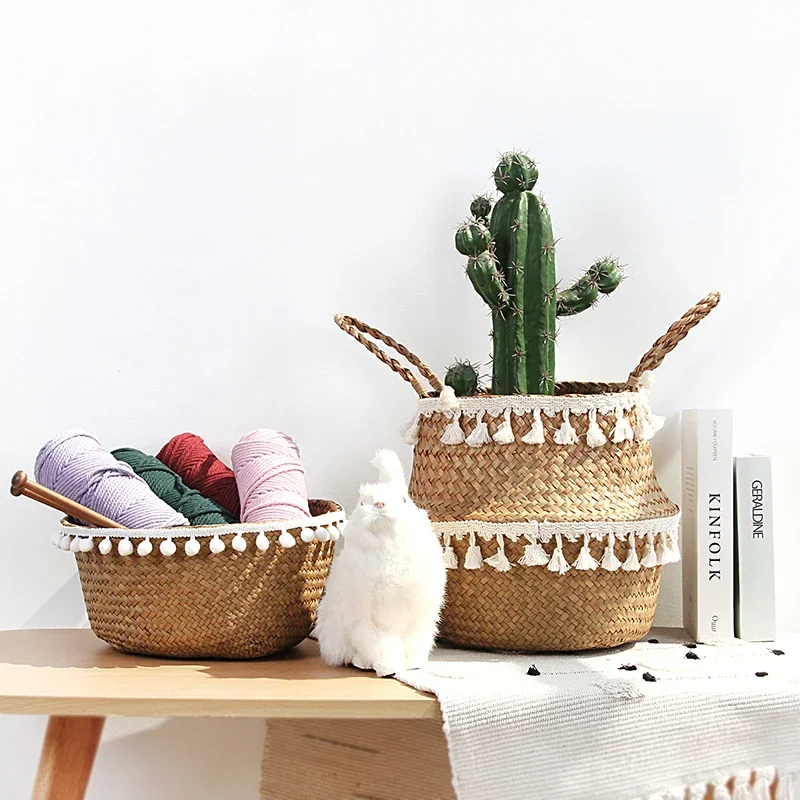 Handmade Bamboo Storage Baskets Foldable Laundry Straw Patchwork Wicker Rattan Seagrass Belly Garden Flower Pot Planter Basket 3