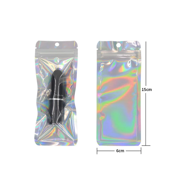 100 pièces hologramme feuille d'aluminium et sacs transparents à fermeture éclair longue pochette en plastique montre stylo bijoux cosmétiques Usb données câble sacs 2