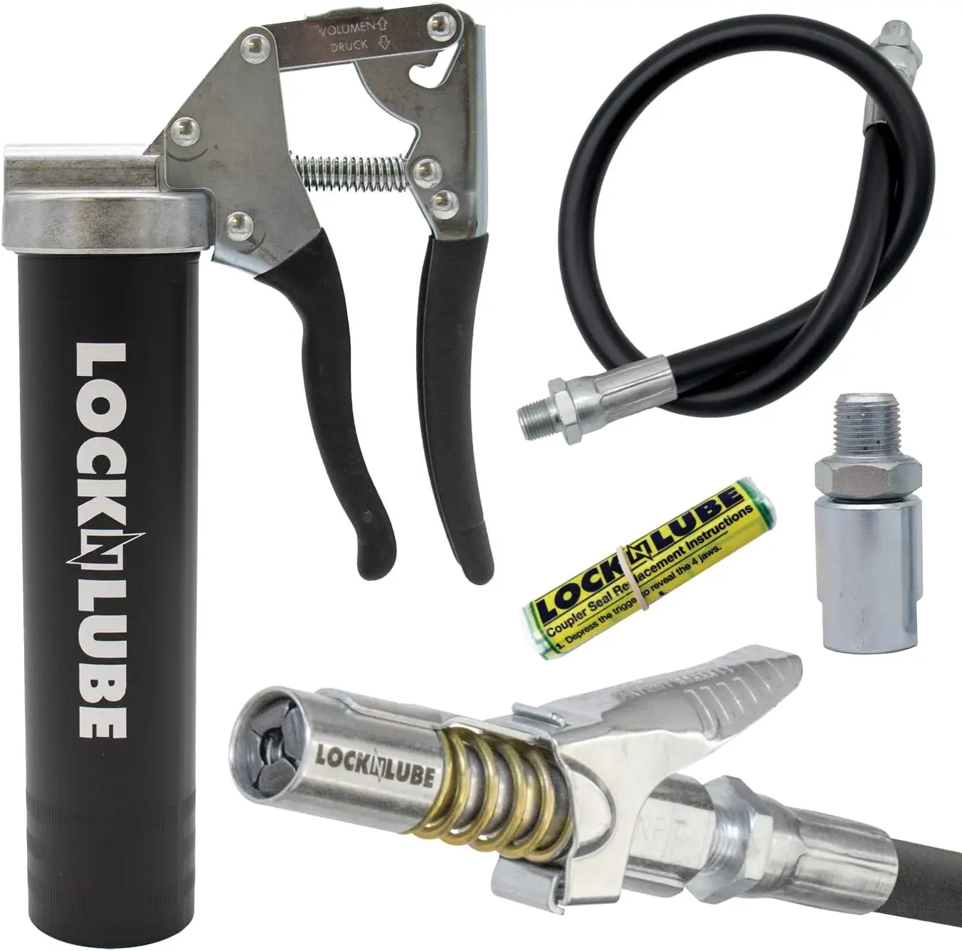 

Pistol-Grip Grease Gun. Includes Our Patented Grease Coupler (Locks on, Stays on, Won't Leak!) Plus a 20" Hose and in-li