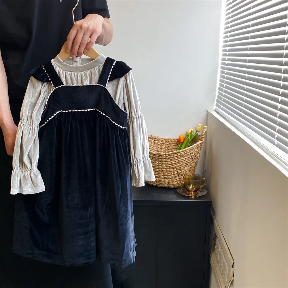 

Children Clothes Set 2023 Spring Autumn New Girls Korean Style Velvet Solid Color Shirt and Dress Casual Simple Two Piece Set