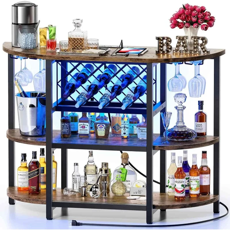 цена Bar Table Cabinet with Power Outlet, LED Home Mini  for Liquor and Glasses, Metal Wine  Stand  4-Tier Storage