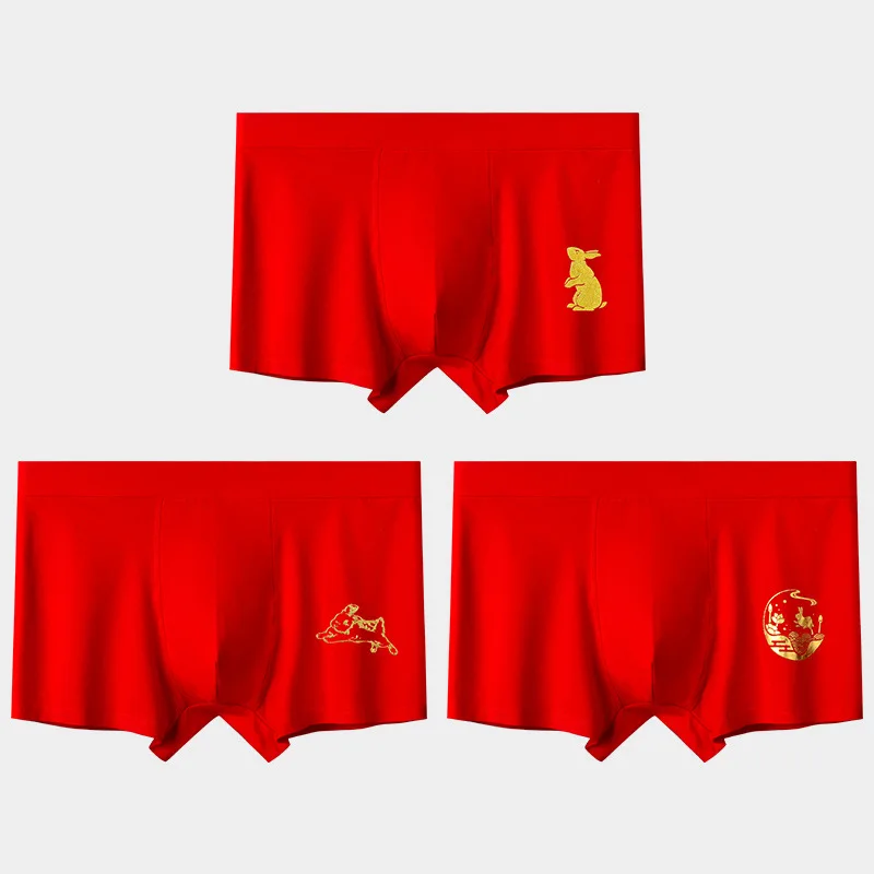 3PCS  red men's underwear pure cotton boxers youth shorts