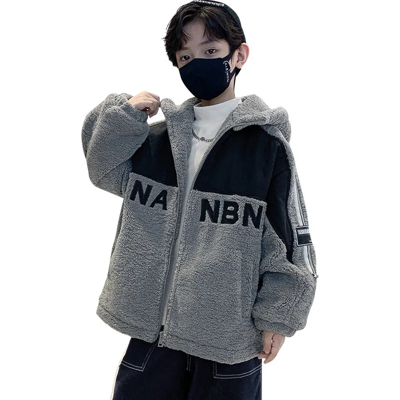 

Teen Boy Cotton Woolen Sweater New Fashion Winter Letter Print Patchwork Lamb Wool Coat Thick Warm Hooded Top Children's Clothes