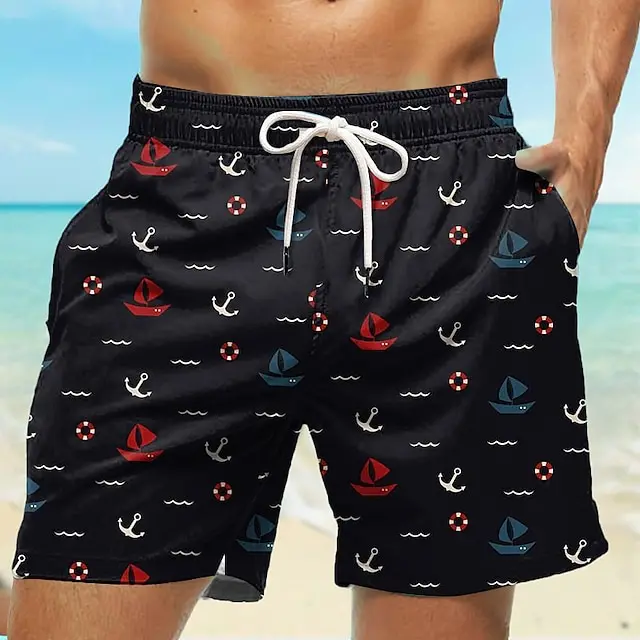 Men's Board Shorts Swim Shorts Swim Trunks Drawstring Elastic Quick Dry Short Beach Hawaiian Casual Black White Micro-elastic 2