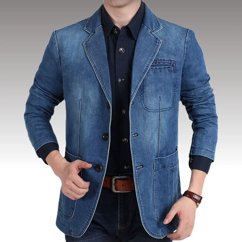 Winter Denim Blazers Jacket Men Casual Slim Pocket Splicing Outwear