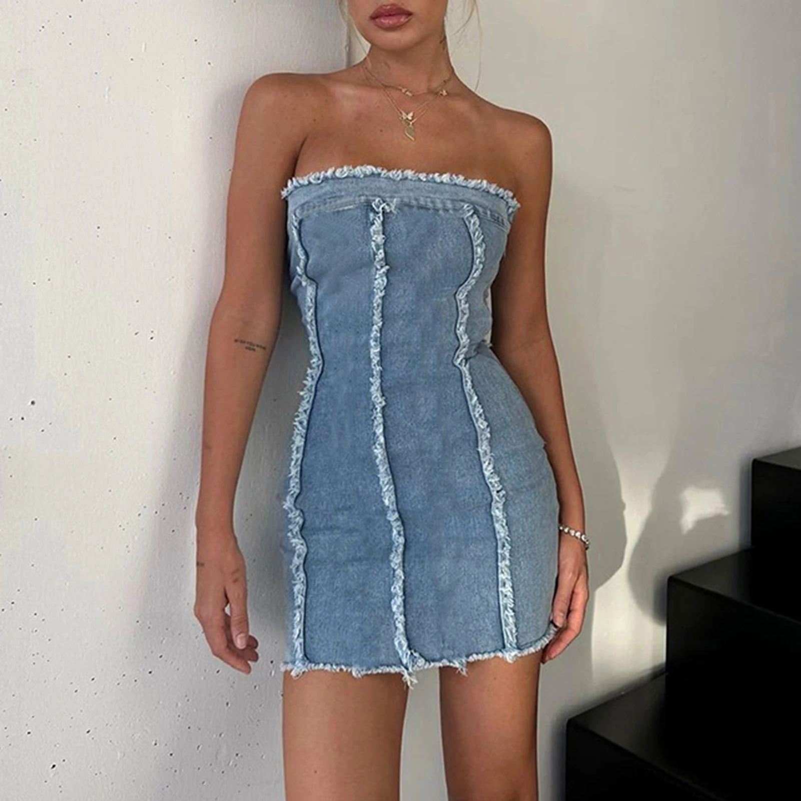 

Ladies Tube Top Dress Denim Dress Backless Summer Mini Dress Slim Fit Strapless Short Dresses Striped Distressed Vacation Outfit