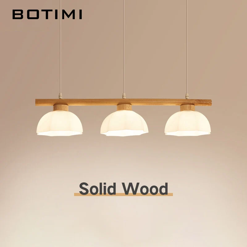 BOTIMI Triple LED Pendant Lights With Glass Lampshades For Dining Solid Wood Kitchen Luminaire Nordic Restaurant Hanging Lamp