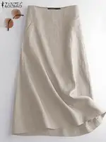 ZANZEA Women Causal Midi Skirt Summer Fashion High Waist Skirts Jupe Party Work A-line Faldas Saia Robe Femme Oversize Vestido