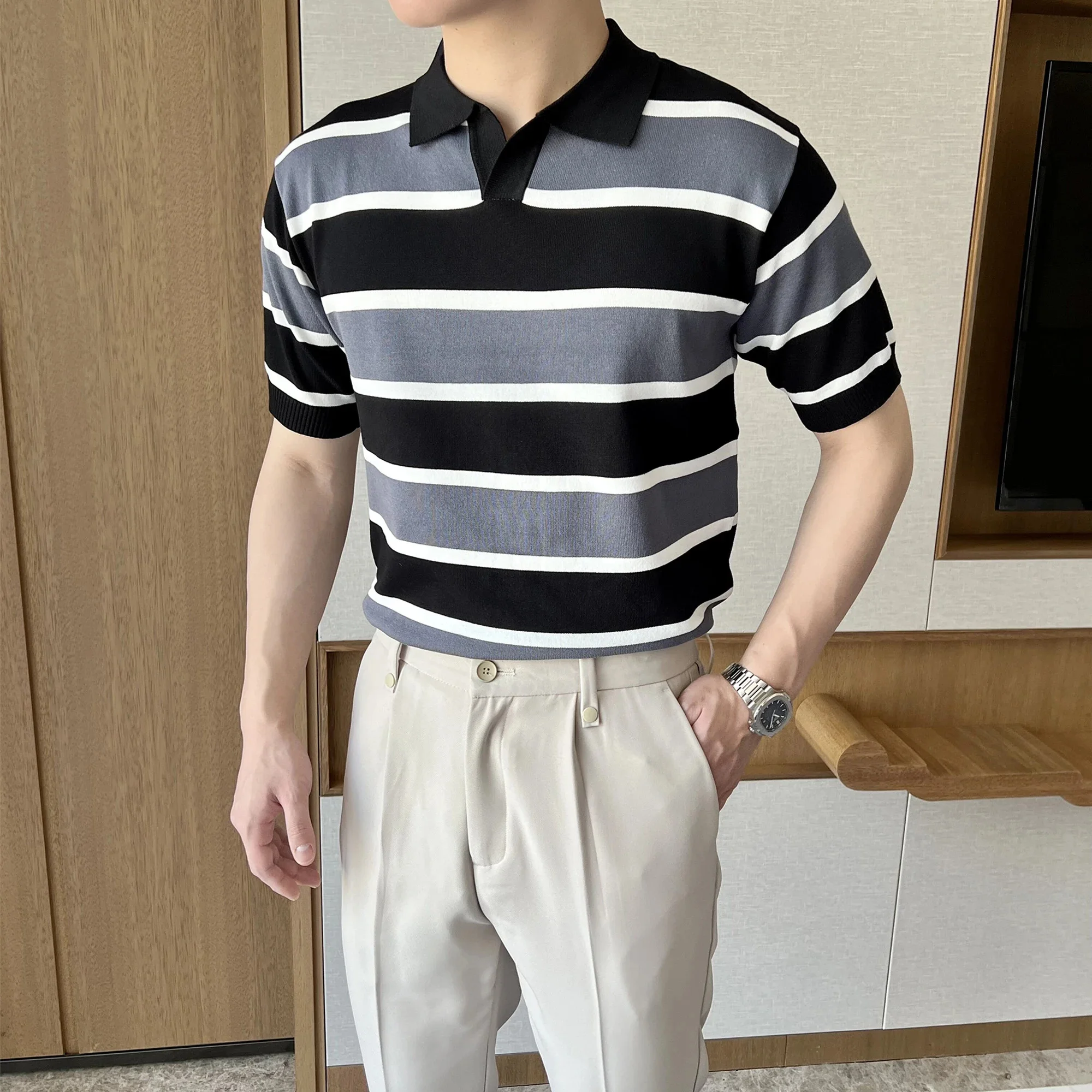 

2023 Summer Fashion Men Casual Turn-down Collar Tops Male Short-sleeved Polo Shirt Contrast Color Knitted Tee Q83