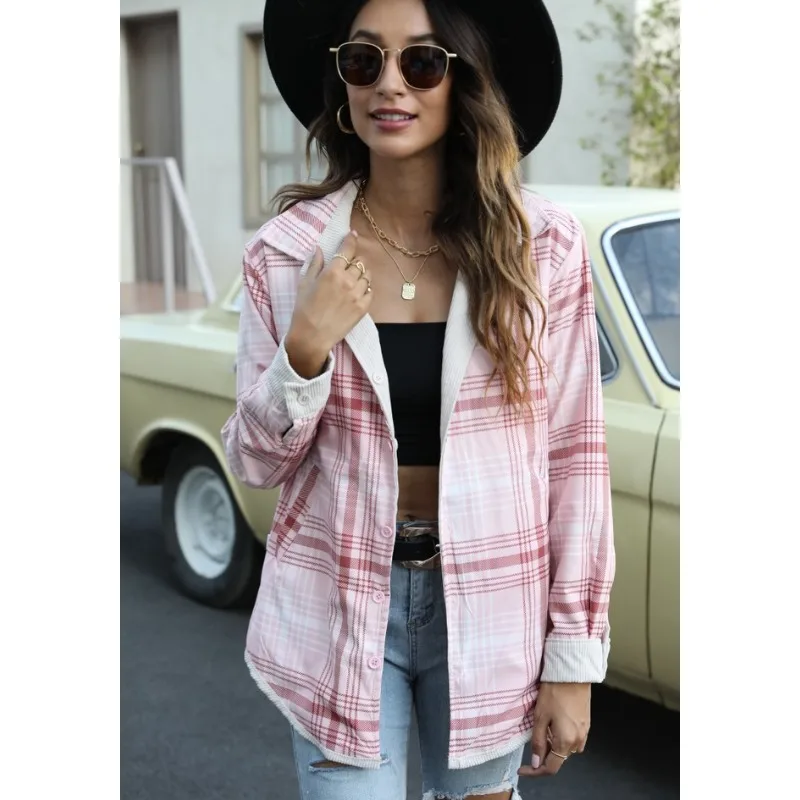 

Pockets Shirt Jacket Loose Casual Autumn Y2K Single Breasted Shirt Jackets Women Long Sleeve Plaid Lapel Coats Outwear