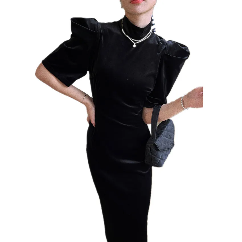 

Black Vintage Velvet Long Dress Women High Waist Puff Sleeve French Style Split Party Spring Autumn